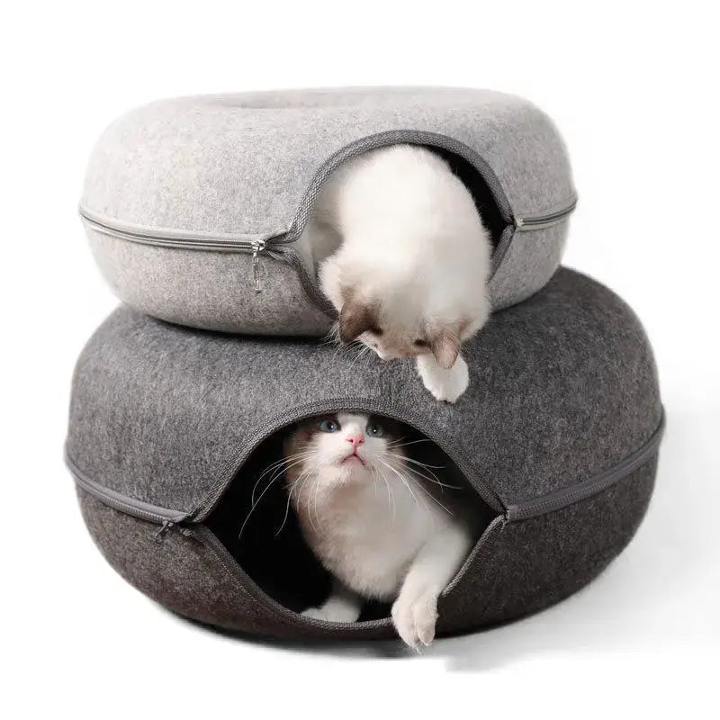 Two cats inside a stackable gray pet bed on a white background