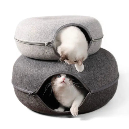 Two cats inside a stackable gray pet bed on a white background