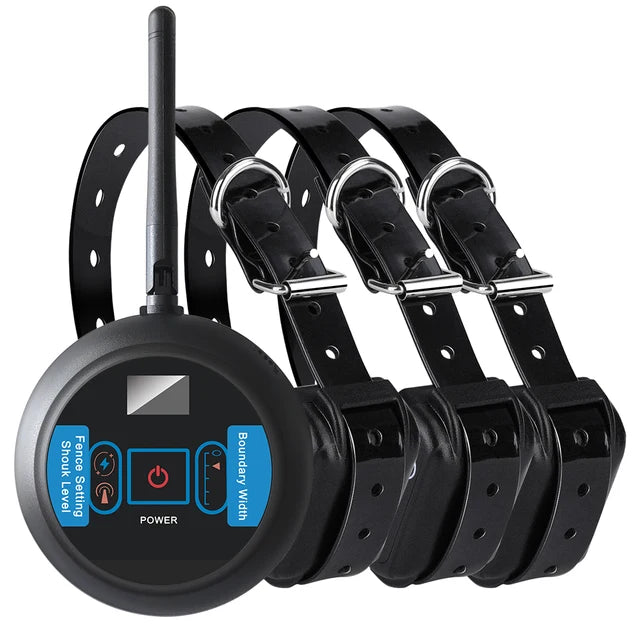 Set of black dog collars with a central control device on a white background