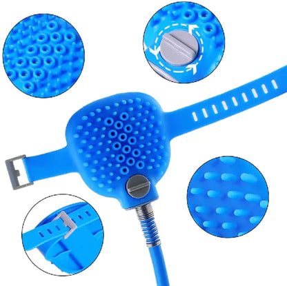 Blue massage band with textured design and adjustable buckle on a white background