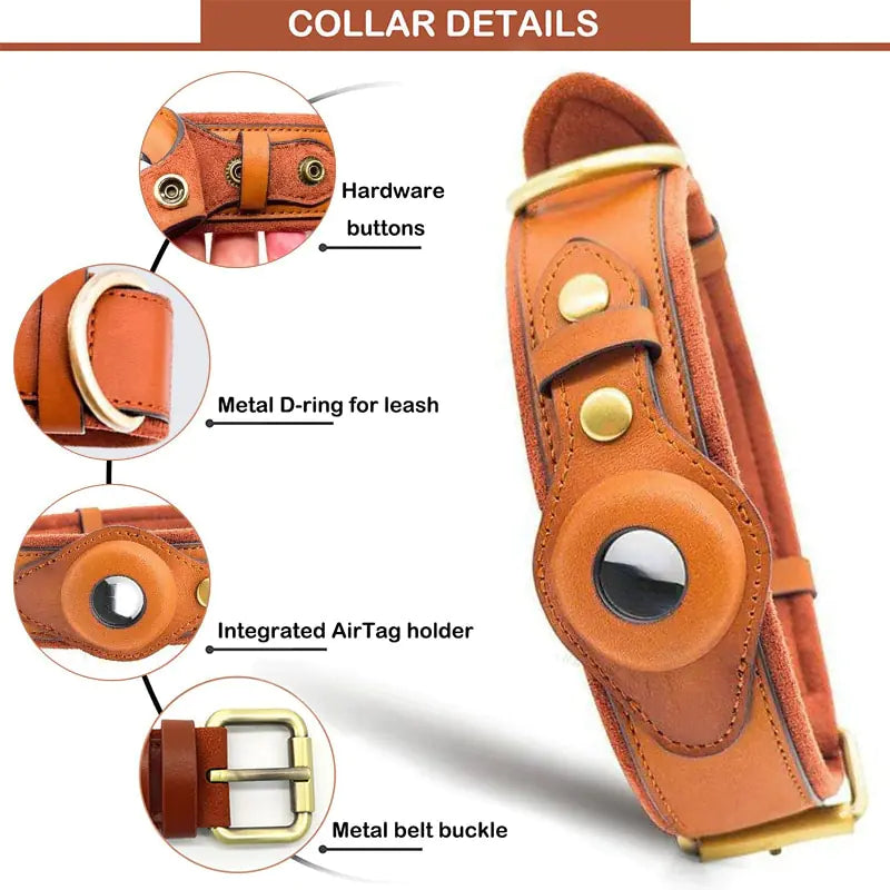 Brown leather dog collar with detailed features labeled on a white background