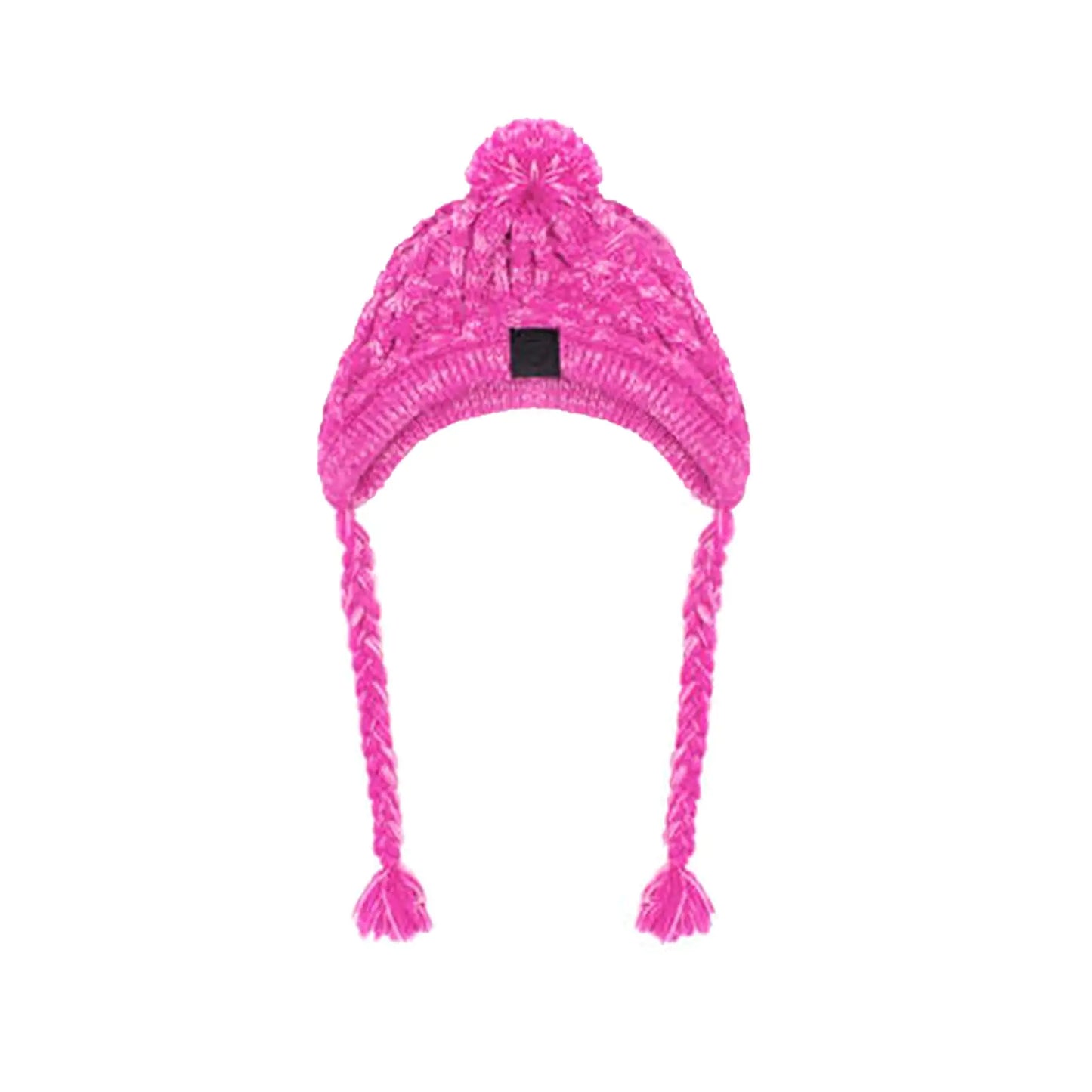 Pink knitted hat with braided earflaps on a white background