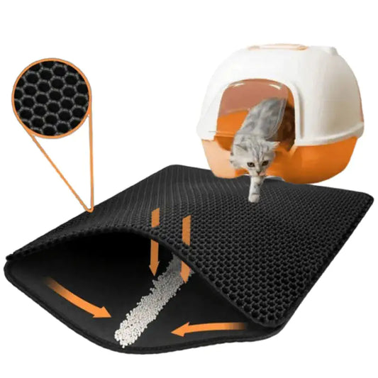 Cat litter mat with honeycomb pattern and a cat entering a litter box.