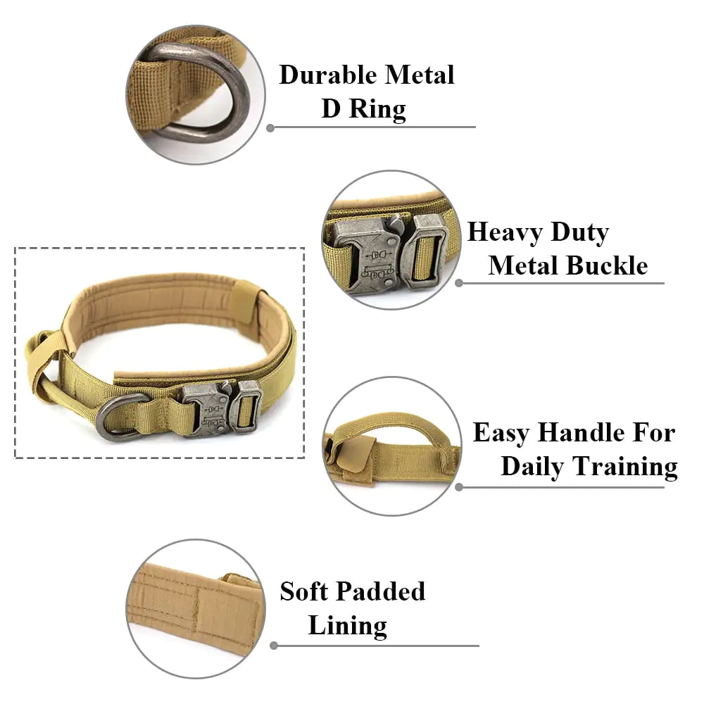 Tactical dog collar with metal D ring, buckle, handle, and padding on a white background.