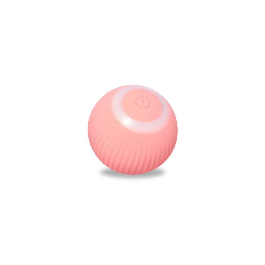 Pink spherical device with a power button on a white background