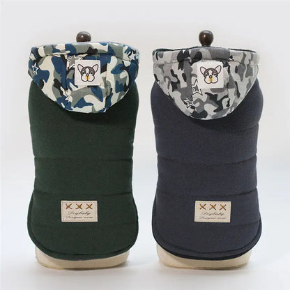 Two dog coats with camouflage patterns on a white background