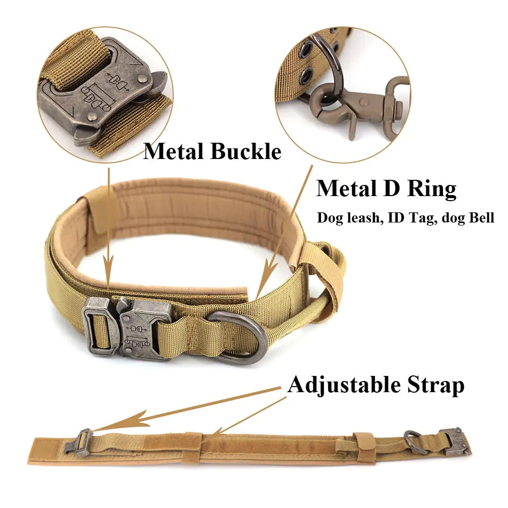 Tan dog collar with metal buckle, D ring, and adjustable strap on a white background