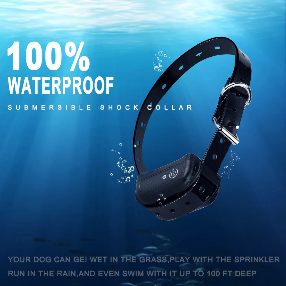Black shock collar with underwater scene and text about waterproof properties