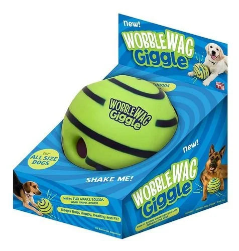 Wobble Wag Giggle dog toy packaging with a green ball and blue box.