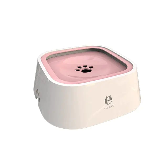 Pet water fountain with pink top and white base on a white background