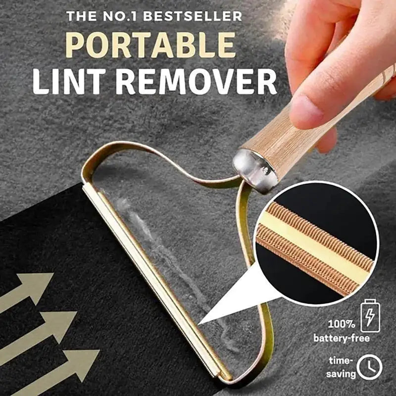 Portable lint remover with a hand holding it and a close-up of the bristle design.