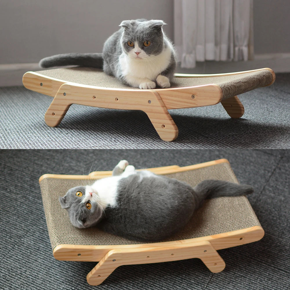Cat lounging on a wooden pet bed with a textured surface in a home setting.