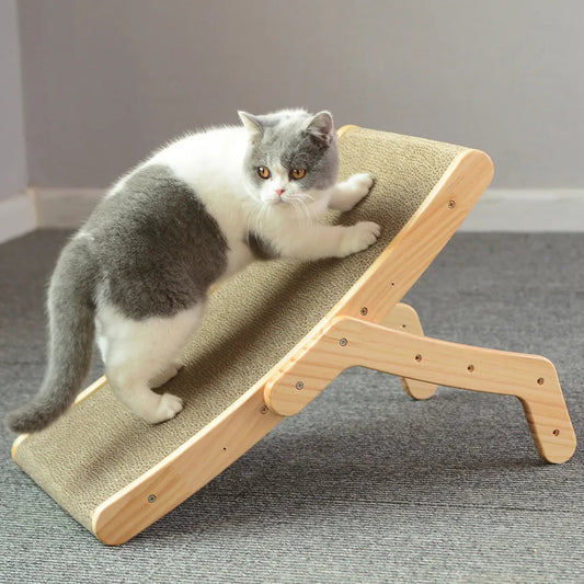 Cat lounging on a wooden ramp with cushioned surface