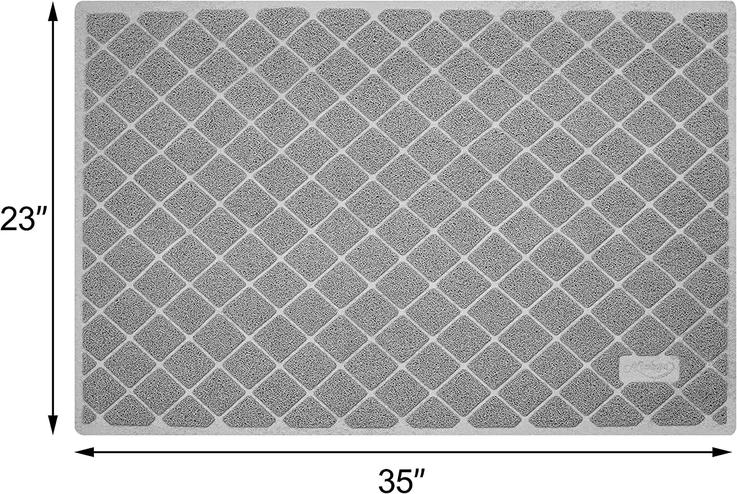 Gray doormat with diamond pattern and dimensions labeled