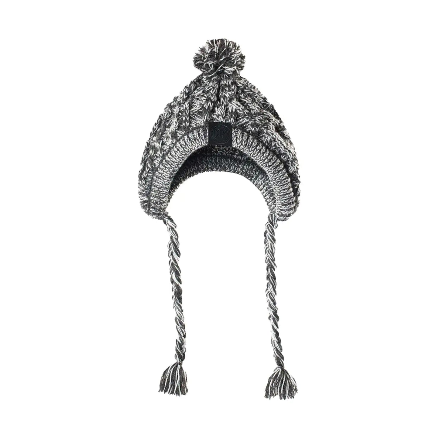 Knitted beanie with pom-pom and braided earflaps on a white background