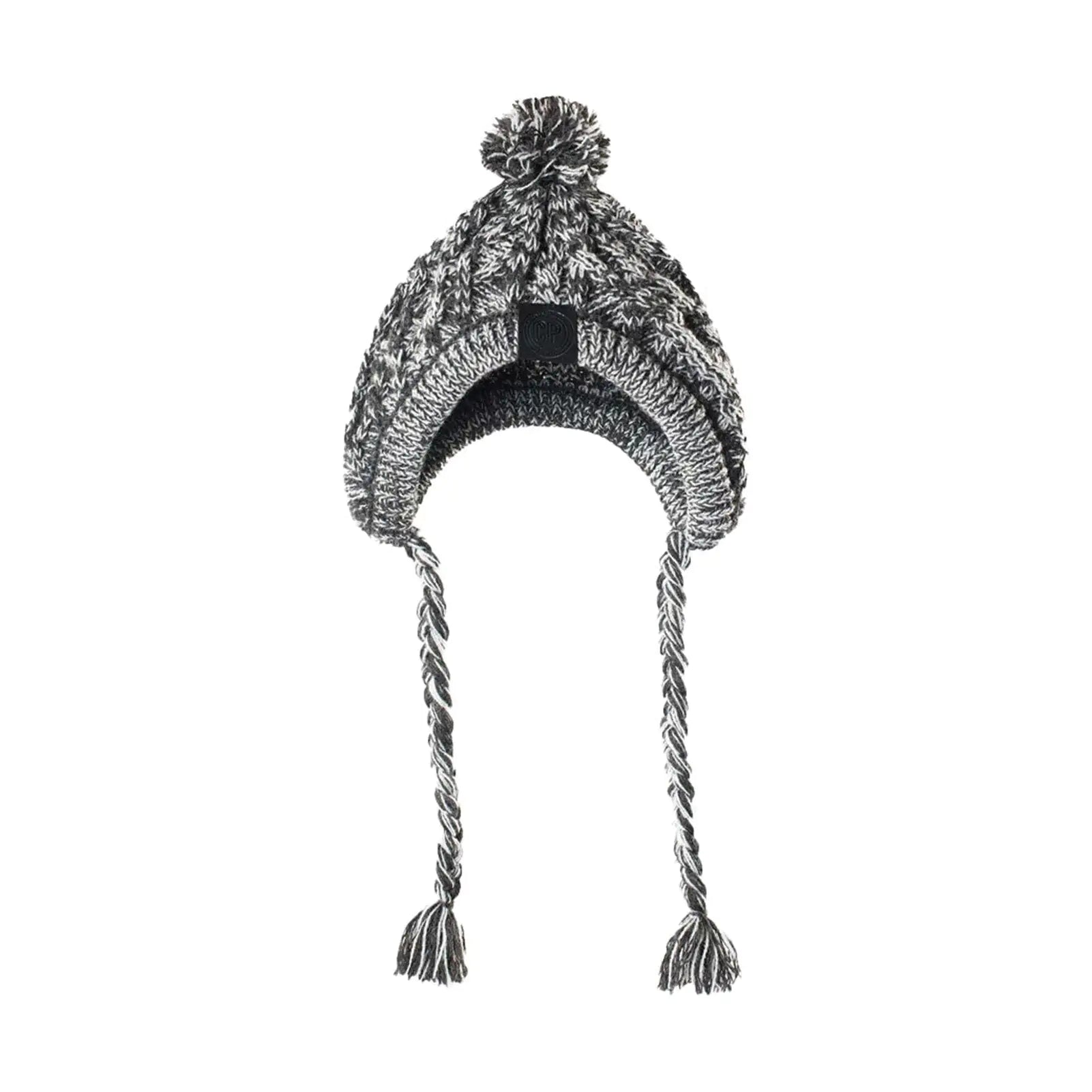 Knitted beanie with pom-pom and braided earflaps on a white background