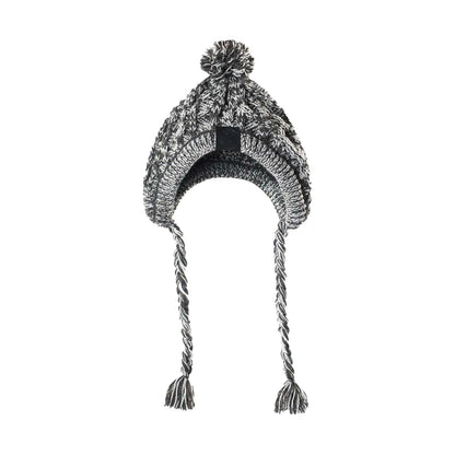 Knitted beanie with pom-pom and braided earflaps on a white background