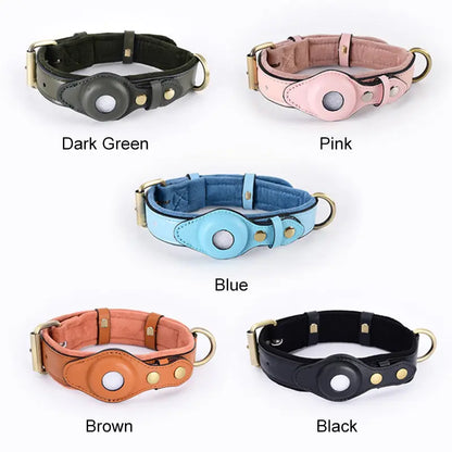 Collection of leather dog collars in various colors with labeled names on a white background.