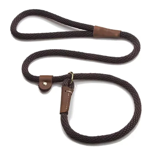 Brown dog leash with leather ends on a white background