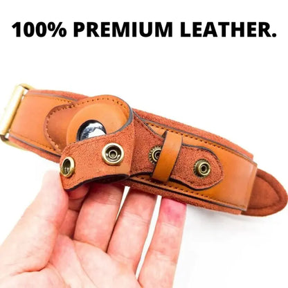 Brown leather knife sheath held in a hand with '100% Premium Leather' text above.