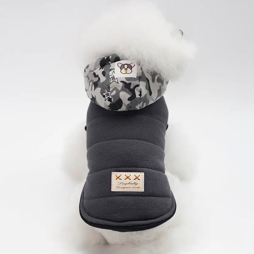 Gray dog coat with camouflage pattern on a white background