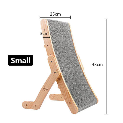 Small wooden and fabric pet ramp with dimensions on a white background