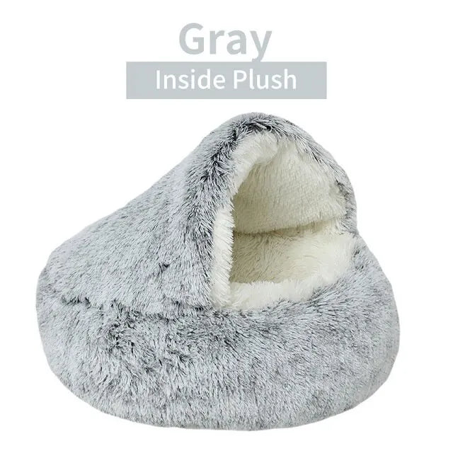Gray pet bed with plush interior on a white background