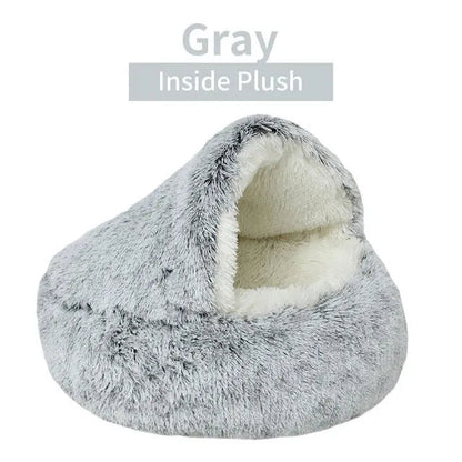 Gray pet bed with plush interior on a white background