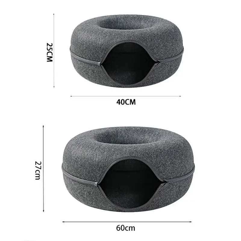 Gray pet bed with dimensions on a white background