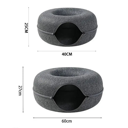 Gray pet bed with dimensions on a white background