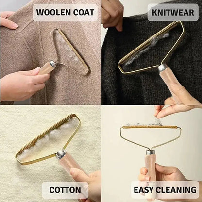 Cleaning tool being used on woolen coat, knitwear, cotton fabric, and easy cleaning text.