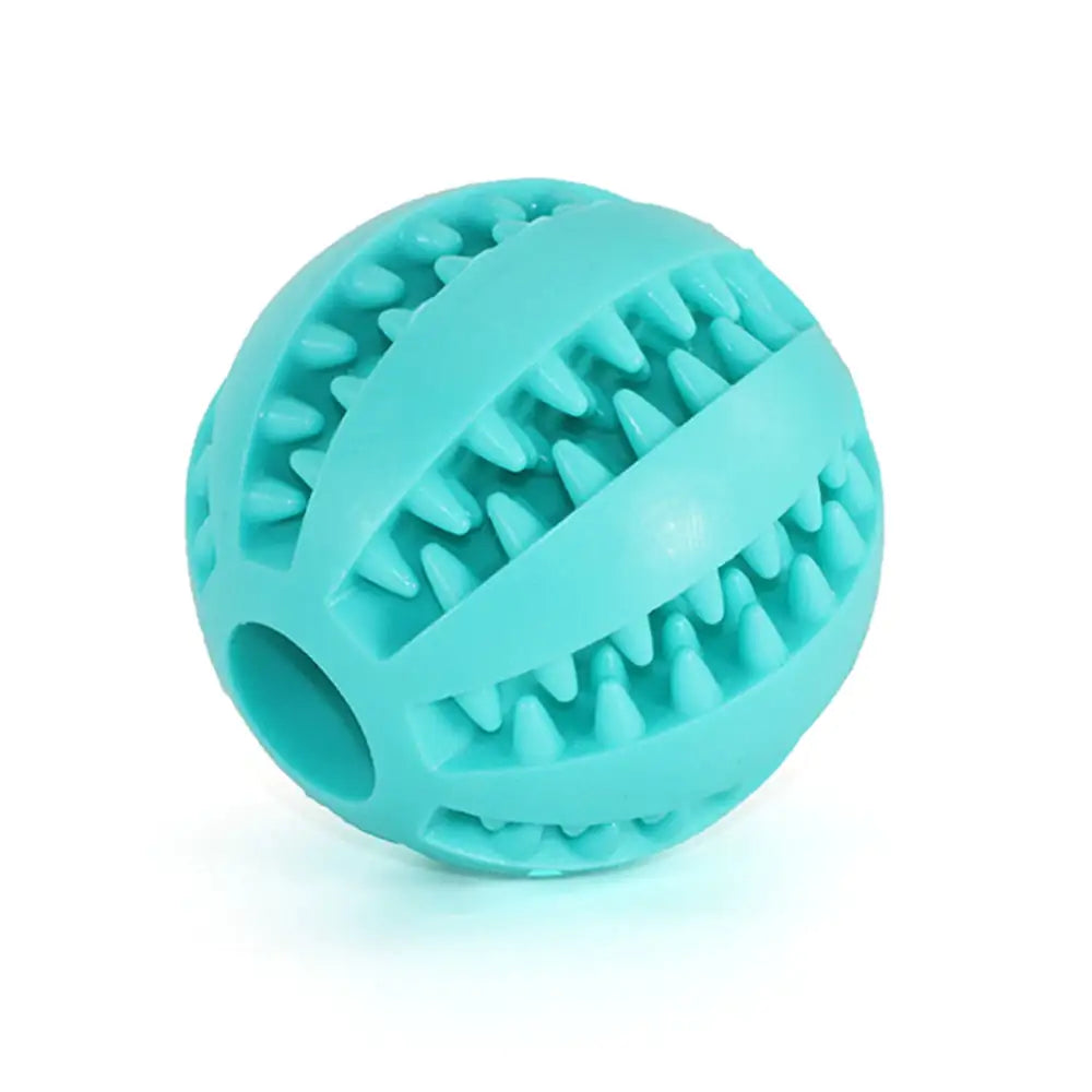 Turquoise dog toy ball with textured surface on a white background