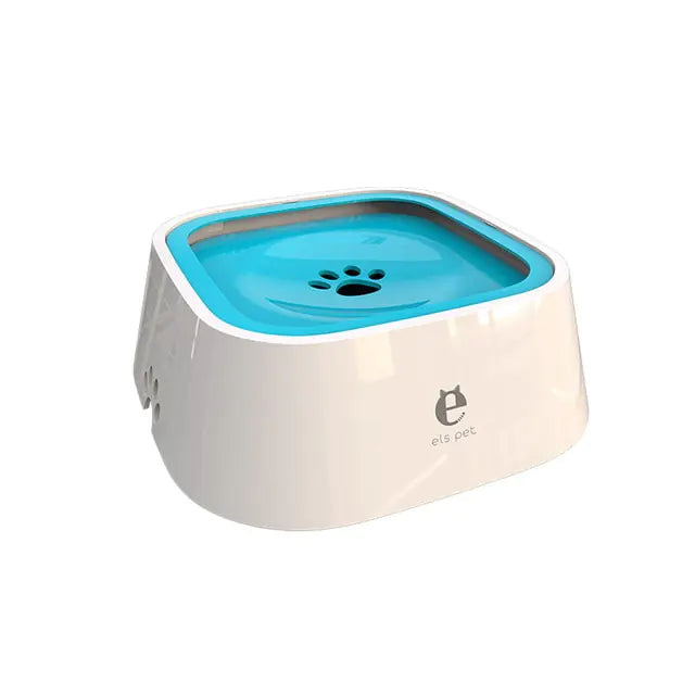 Pet water fountain with blue top and white base on a white background