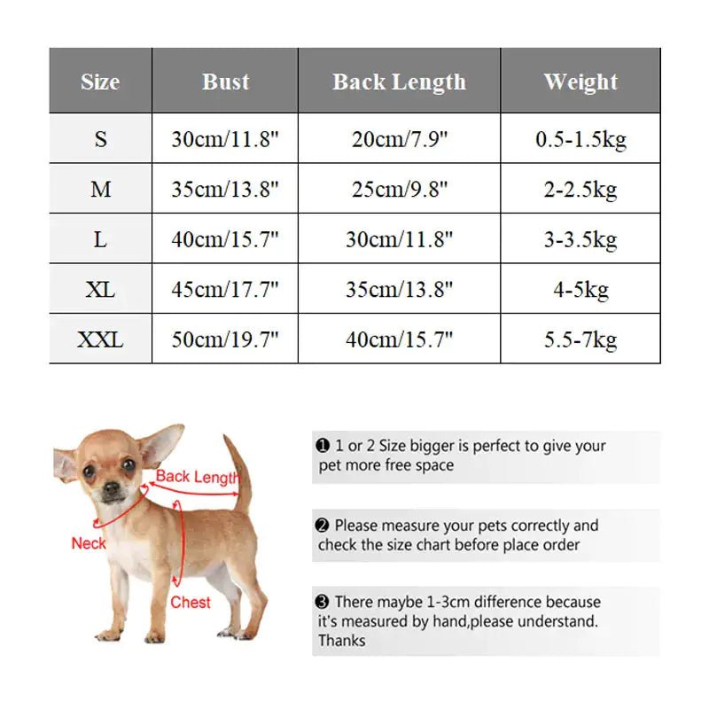 Dog size chart with measurements and a small dog illustration for reference.