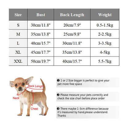 Dog size chart with measurements and a small dog illustration for reference.