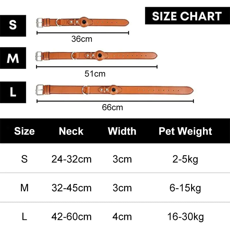 Size chart for dog collars with measurements and dimensions.