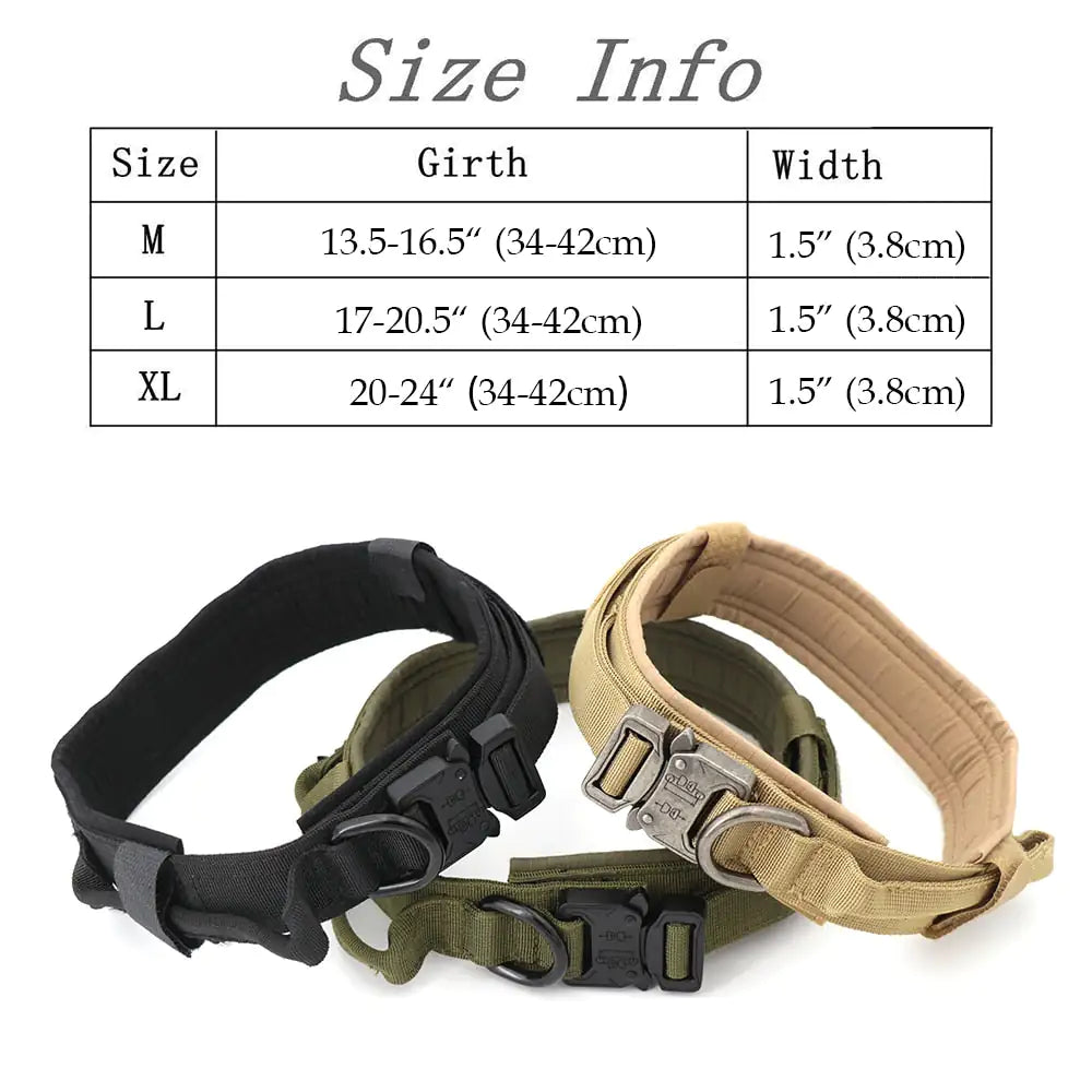 Size chart and three dog collars in black, green, and beige on a white background.