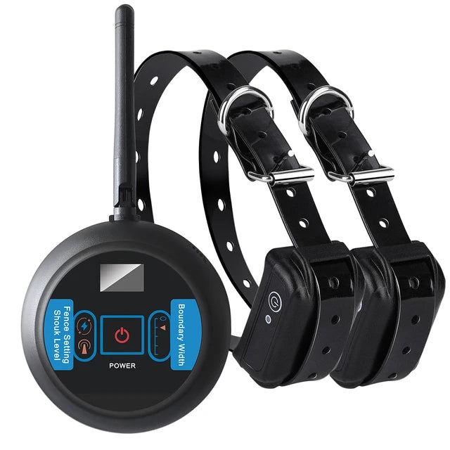Dog training collar system with control device and two collars on a white background