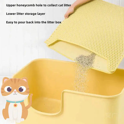 Yellow litter scoop with text describing its features, shown with a cartoon cat character.