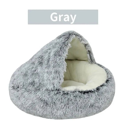 Gray pet bed with white interior on a white background